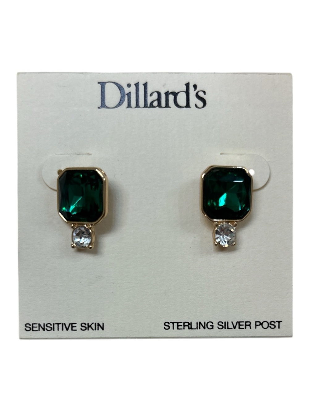 Emerald Green and Clear Stone Stud Earrings - Gold Tone
